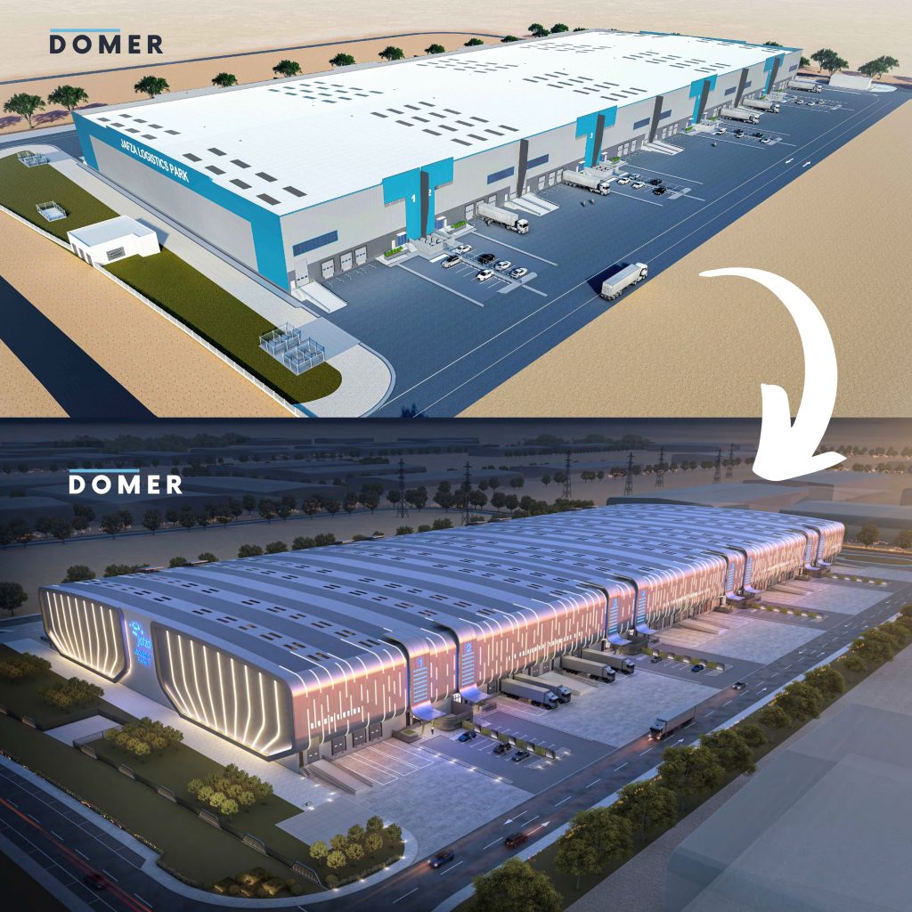 Comparison image showing the transformation of JAFZA Logistics Park in Dubai from its original skylight system to a modern design using DOMER’s innovative skylight solutions, featuring enhanced insulation, UV and IR protection, and improved energy efficiency.