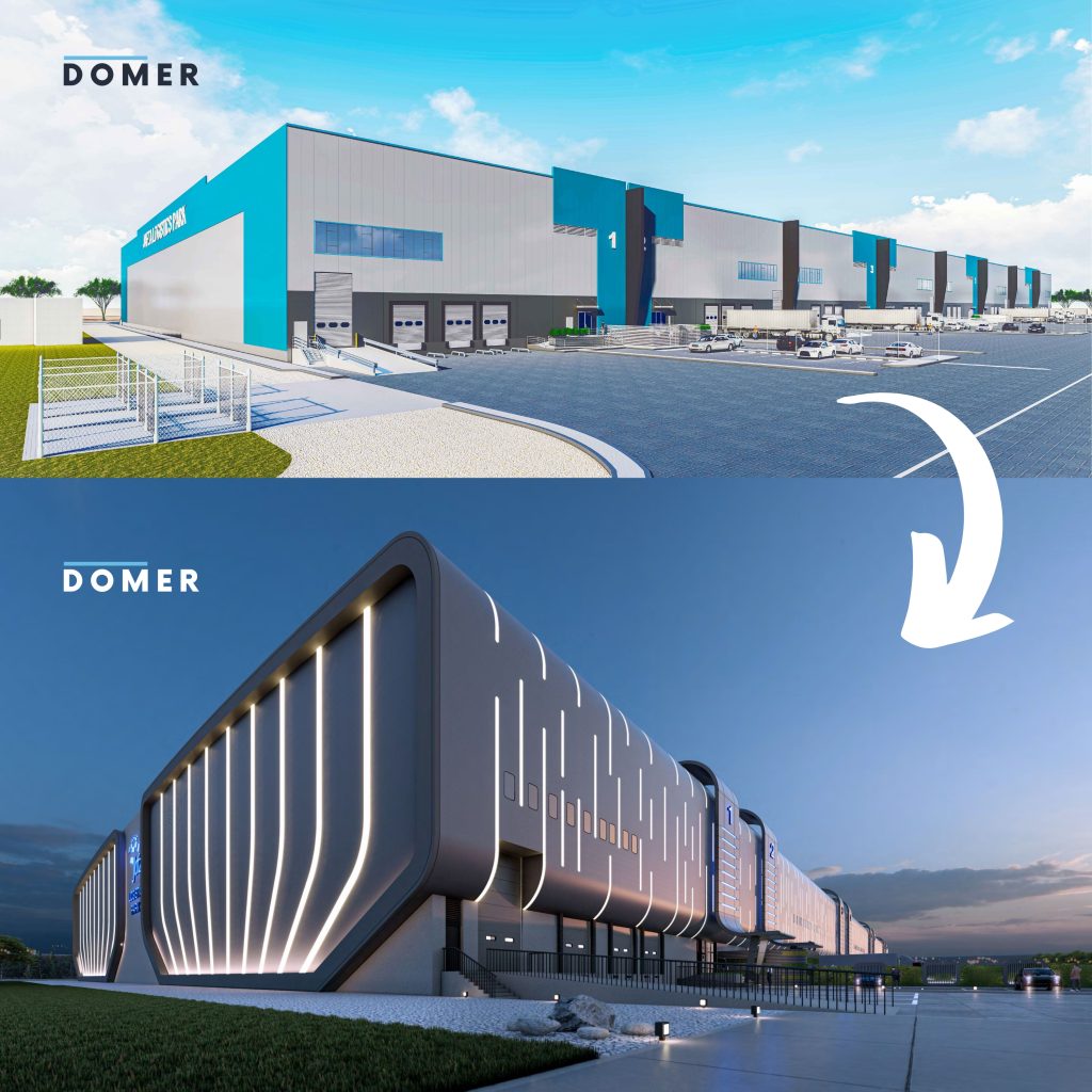 Before and after comparison of JAFZA Logistics Park in Dubai, showcasing DOMER’s innovative skylight and facade solutions, enhancing insulation, energy efficiency, and providing a modern design with superior UV and IR protection.