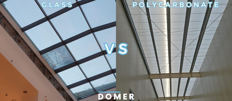 Comparison of Domer Contiroof polycarbonate skylight vs. traditional glass skylight, highlighting the superior impact resistance, light transmission, and durability of polycarbonate.